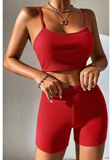Kadın Kırmızı Şortlu Kaşkorse Gecelik Takım Çok Renkli