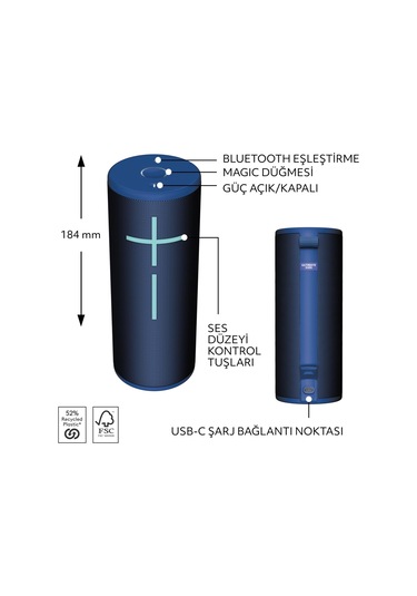 Ultimate Ears Boom 4 Taşınabilir Su Geçirmez Bluetooth Hoparlör, 360 Derece, 15 Saatlik Pil Ömürlü - Mavi