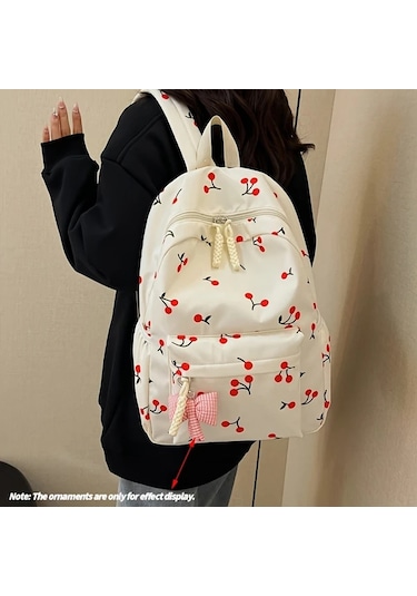 Maxaccess 3 Parça Kiraz Desenli Sırt Çantası + El Çantası + Kalem Kutusu Krem Beyaz