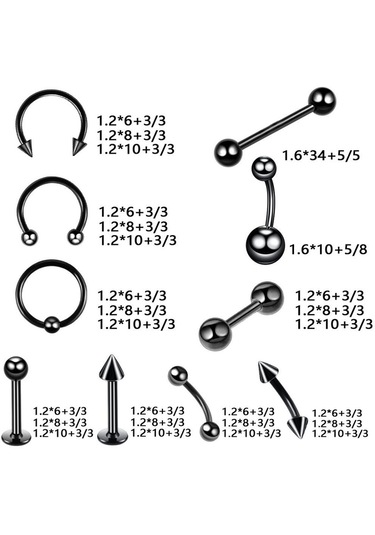 Suntek 20 Adet Burun Dudak Dil Kaş Tragus Göbek Halkası 6mm Siyah
