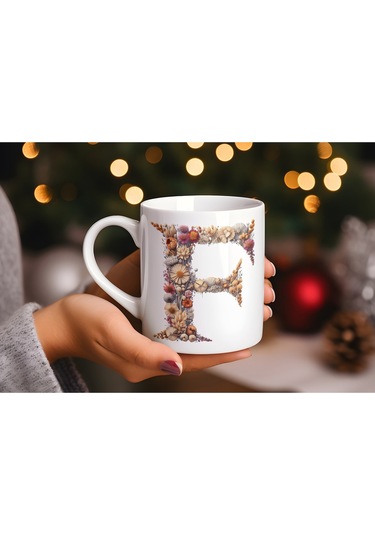 F Harfi Çiçek Desenli Kupa Bardak - Alfabe Harfleri İle Doğal Çiçekli Kupa - Hediye Fikir Beyaz