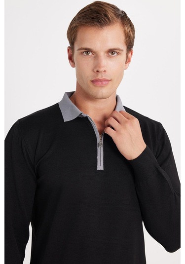 Erkek Standart Fit Uzun Kol Yarım Fermuarlı Polo Yaka Siyah Kazak-35798 Siyah