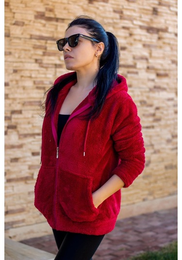 Kadın Kırmızı Peluş Yumoş Fermuarlı Kapüşonlu Cepli Welsoft Ceket 22kckteres 001
