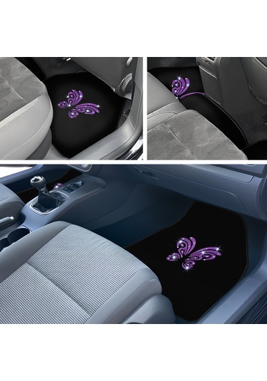 Kadın Sürücülere Özel: Mor Kelebek Zarafeti & Taşlı Siyah Oto Halı Paspas Seti 5 Parça Nakışlı