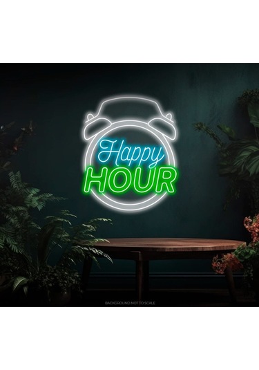 Twins Led Happy Hour Yazılı Saat Figürlü Neon Tabela Yeşil Model:model:27303366 Yeşil