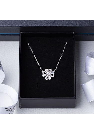 Yonca Model Sedef Zirkon Taşlı 925 Ayar Gümüş Kadın Kolye Gümüş - Rodyum