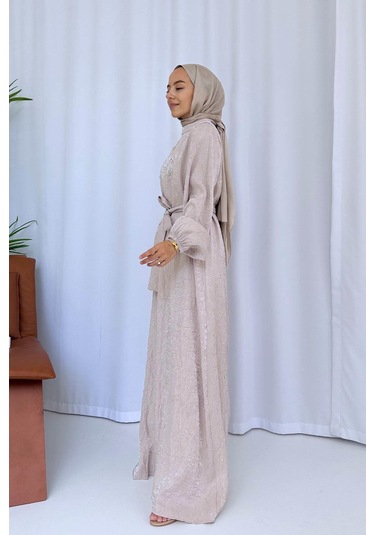 Broş Detay Elbise - Bej