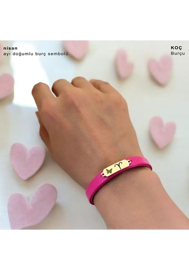 Archin Nisan Ayı Doğumlarına Kelebek Figürlü 14 Ayar Altın Plakalı Pembe Derili Hediye Bileklik-651ay Nisan