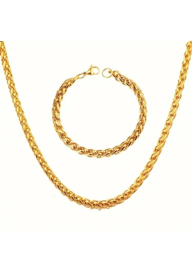 Gold Spiga Model Kalın Burgu Çelik Kolye Ve Bileklik Set 4mm Gold