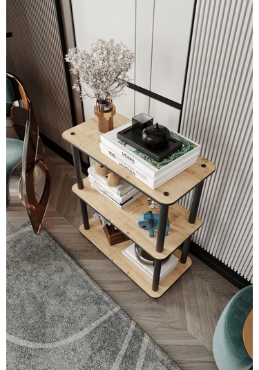 3 Katlı Dekoratif Diktörtgen Kitaplık Meşe Meşe