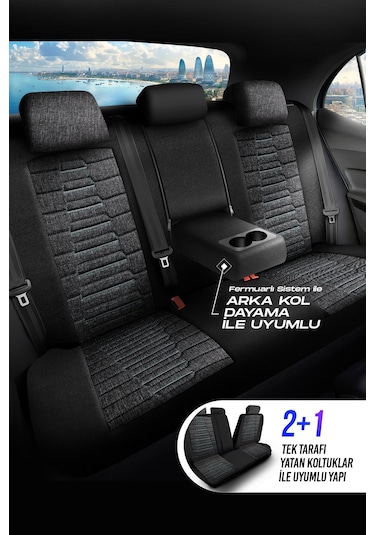 Füme - Gri Panda Bakü Serısı Keten Kumaş Oto Koltuk Kılıfı - Tam Set