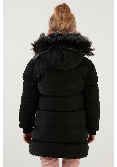 Lela Yakası Suni Kürklü Peluş Astarlı Çıkarılabilir Kapüşonlu Dar Kesim Kışlık Kız Çocuk Mont 5760002 Siyah