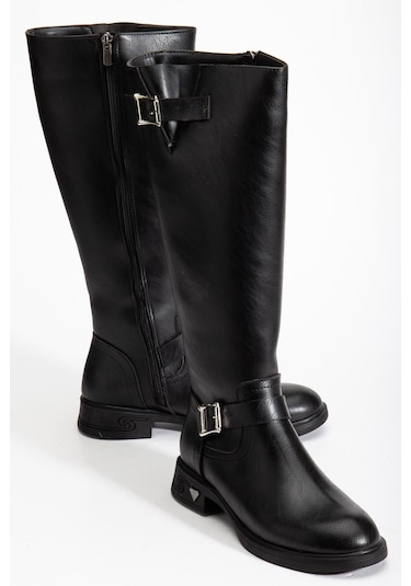 Siyah Kadın Çizme Düz Topuklu Bilek Kemerli-4284 Siyah