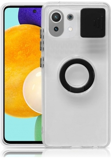 More Tr Xiaomi Mi 11 Lite Kılıf Sürgülü Kamera Lens Korumalı Yüzük Standlı Silikon Kılıf Siyah