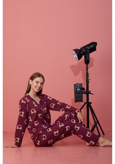 Kadın Mevsimlik Pamuklu Penye Pijama Takımı Önden Düğmeli Bordo