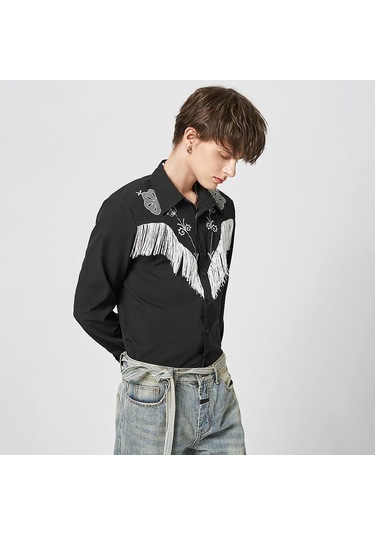 İncerun Bahar Erkek Püskül Baskılı Uzun Kollu Gömlek Salaş Siyah