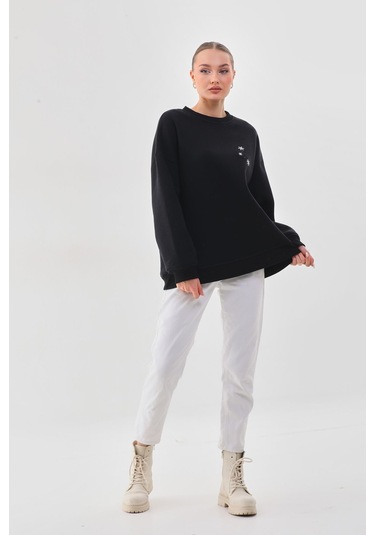 Kallima Oversize Baskılı İçi Polarlı Siyah Kadın Sweatshirt Siyah