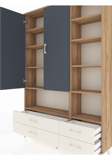 Arges Dolap 10 Raflı 4 Çekmeceli 2 Kapaklı 132x30x195 Çam-ant... Çam