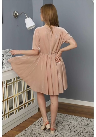Beli Lastikli V Yaka Elbise 1765-pudra Pudra