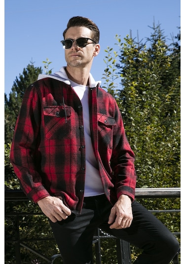 Buratti Ekoseli Çift Cepli Kapüşonlu Oduncu Erkek Gömlek Cf22W2650 Kırmızı-Siyah