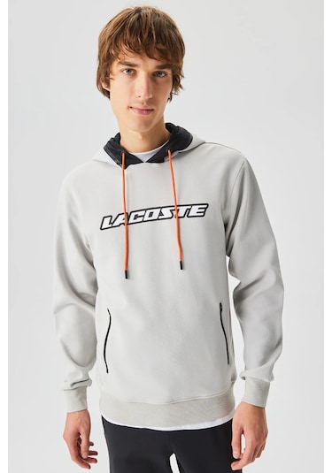 Lacoste Regular Fit Ayarlanabilir Kapüşonlu Baskılı Gri Erkek Sweatshirt Gri
