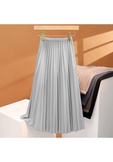 Kadın Pileli Etek Elastik Yüksek Bel A Kesim Uzun Etek Düz Renk Rahat Kumaş Çok Yönlü Etek Günlük Giyim Beyaz