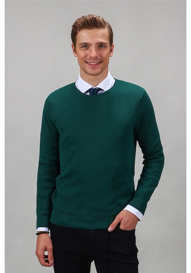 Tudors Slim Fit Dar Kesim Bisiklet Yaka Petek Desenli Erkek Kazak-16252 Yeşil