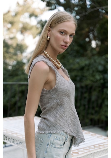 Mai Collection Mai Studios Co. Veilinas Asimetrik Kahve Keten Crop Kahve
