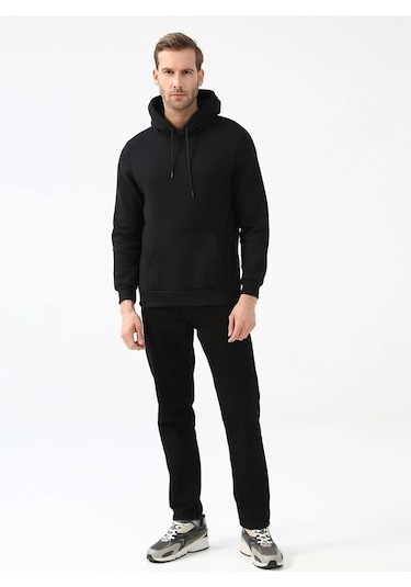 Süvari Kapüşonlu Yaka Regular Kalıp Düz Siyah Sweatshirt Siyah