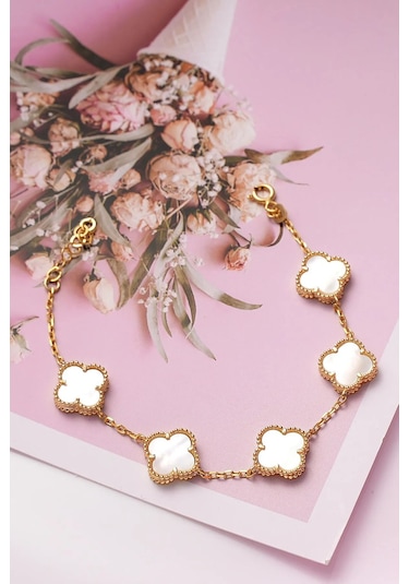 Gold Sedef Doğal Taşlı Premium Çelik Bileklik  Gold