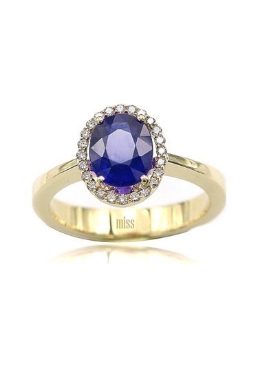Oval Safirli Pırlantalı Yüzük - 14 Ayar (518571567)