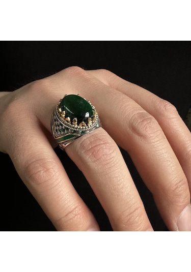 925 Ayar Gümüş Yeşil Kaptan Gözü Taşlı Mineli Erkek Yüzük Gümüş