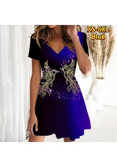 Mavi Yaz Modası Kadın V Yaka Kısa Kollu Altın Kuş Baskılı Elbise Seks Kısa Etek Elbiseler Mavi