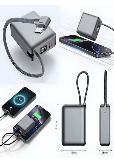 20w Hızlı Şarj Powerbank 10000mah Lcd Ekranlı, Dahili Type-c Girişli Kablolu Taşınabilir Şarj Rose Gold