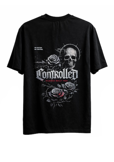 Sırt Baskılı %100 Pamuk Oversize T-shirt Controlled Antrasit - Siyah