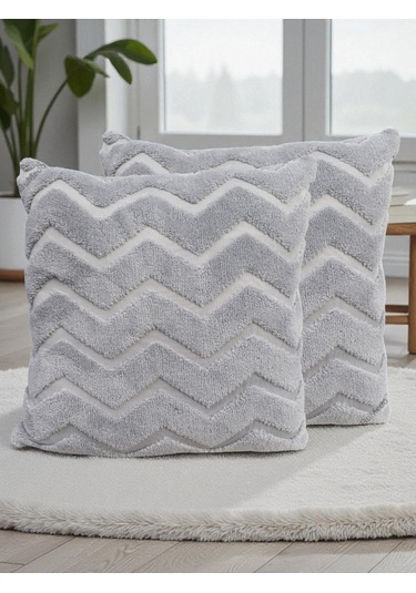İskandinav Stil Peluş Yumuşak Dokulu Dekoratif Kırlent Kılıfı 2 Li Set 43x43 Cm Gri Zigzag