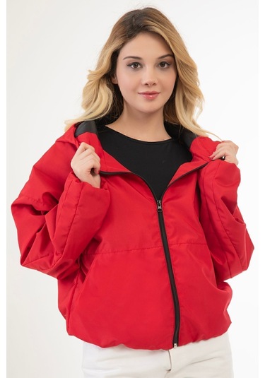 Riverstorm Kadın Kırmızı Su Ve Rüzgar Geçirmez Kapüşonlu Cepli Oversize Yağmurluk - Rüzgarlık Kırmızı
