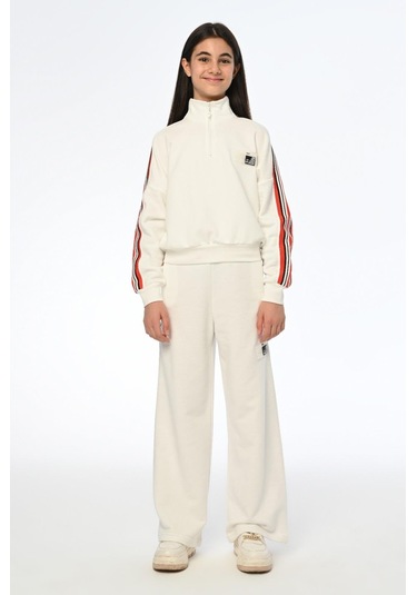 Kız Çocuk Bol Paça Yüksek Bel Yanları Çizgili Eşofman Alt-13400-ekru Ekru