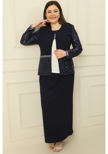İçi Yarım Ay Kol Bluz Pul Nakışişlemeboncuk Detaylı Ceket Etek Astarlı Büyük Beden 3'lü Takım Lacivert İçi Yarım Ay Kol Bluz Pul Nakışişlemeboncuk Detaylı Ceket Etek Astarlı Büyük Beden 3'lü Takım Lacivert