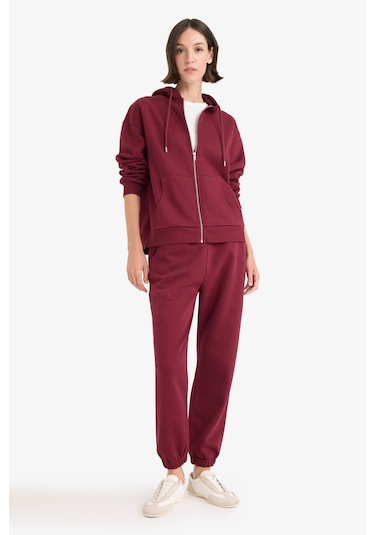 Defacto Relax Fit Kapüşonlu Basic Düz Kalın Fermuarlı Sweatshirt C1809ax25aubr115 Bordo