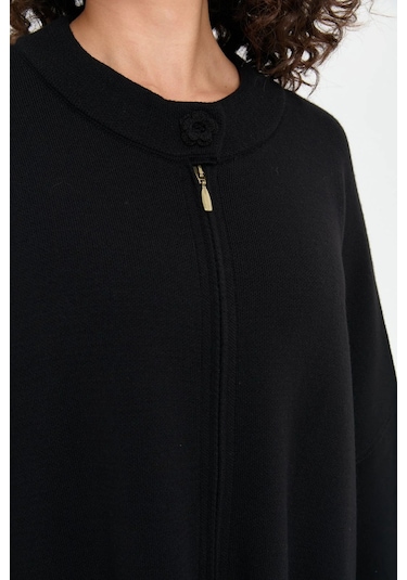Desen Triko Kadın Dik Yaka Cebi Gül İşlemeli Fermuarlı Panço 24060 Siyah Siyah
