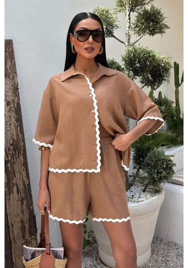 Kadın Camel Keten Biye Detaylı Kısa Şortlu Takım Camel