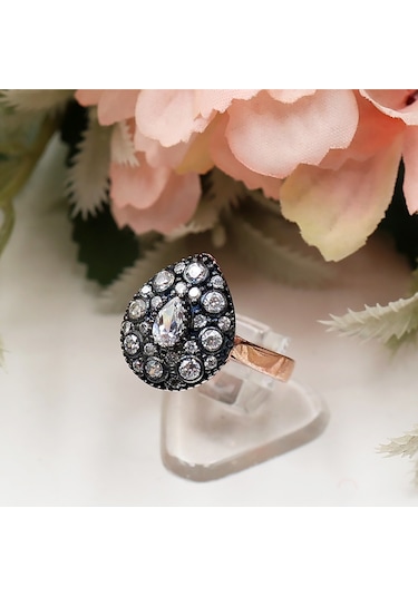 Elmas Montürlü Damla Taşlı Damla Set Rose Gold - Gümüş