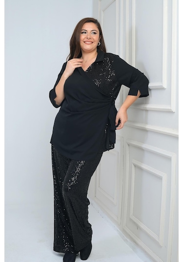 Kadın Kruvaze Polo Yaka Tek Taraf Pullu Krep Şifon Bluz Beli Lastikli Astarlı Bol Paça Pulpayet Pantolon Büyük Beden 2'li Takım-41642 Siyah