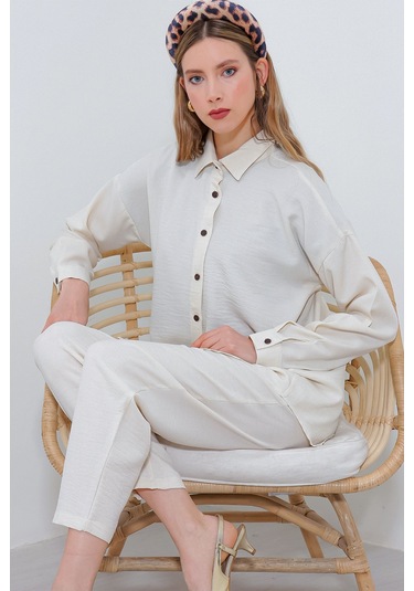 Bigdart Kadın Ekru Oversize Keten Alt Üst Takım 6622 001