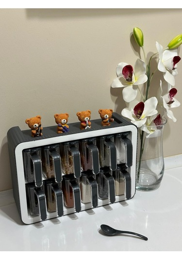 Standlı 12li Kendinden Yapışkanlı Kaşıklı Kapaklı Baharatlık Takı Şeffaf