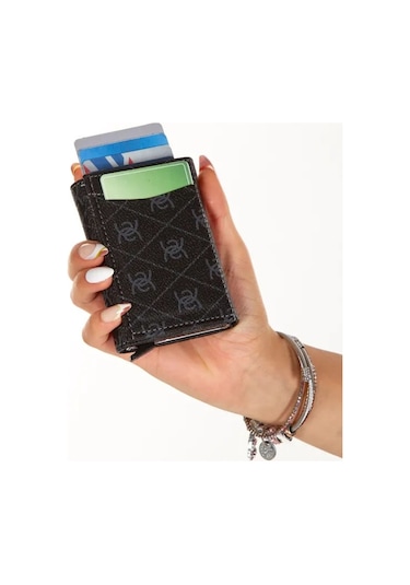 Newish Polo Kadın Desenli Mekanizmalı Cüzdan Ve Çapraz Omuz Askılı Bel Ve Omuz Çantası New345- Siyah - Siyah