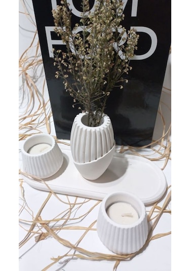 İskandinav Vazolu Tabaklı Tealight Mumluk Set Beyaz Beyaz