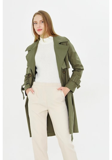 Pastelastore Esnek Pamuk Gabardin Midi 95cm Astarsız Kadın Trençkot 1118 Haki Yeşil