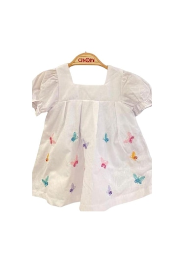 Çikoby Kız Bebek Pamuklu Kelebek Desenli Elbise-13885 Beyaz